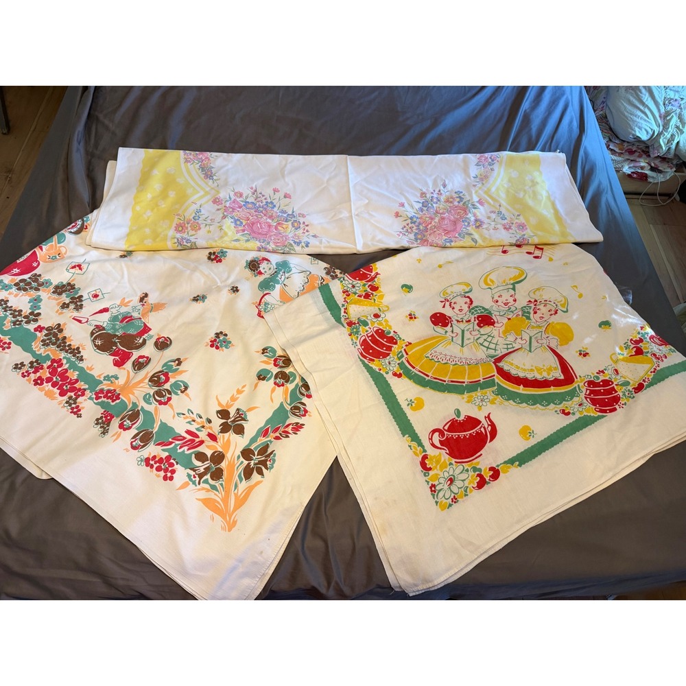 Vintage Tablecloth Lot 3 Cotton Mid Century Dutch Girl Kitchen Maids Floral